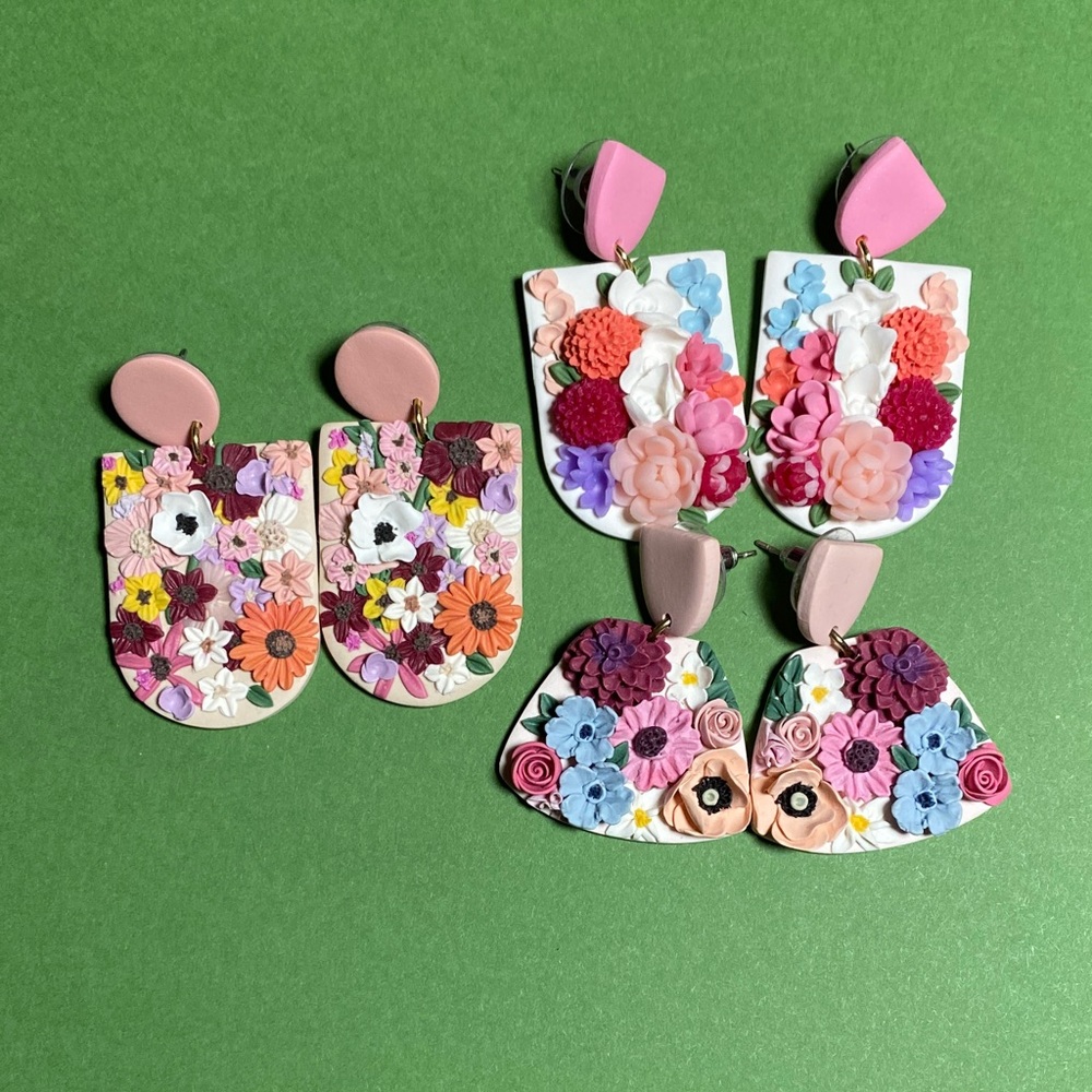 Bundle: Handmade Floral Polymer Clay Kids Earrings - Pink Floral Assortment
